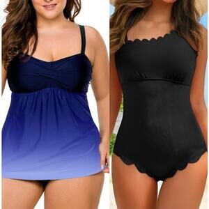 NWT Amazon Swimsuits - Scalloped Ribbed Tie Back 1 PC & Swimdress Bundle Size L